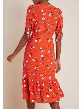 3x Anthropologie Floral Tie-Sleeve Midi Dress in Bright Orange - See Pic